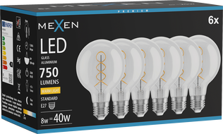 Mexen Vintis 6x LED Filament Spiral Bulb E27, G80, 8W, Warm - 2700K, 750 lm, Clear - L165-E27-0827-00x06