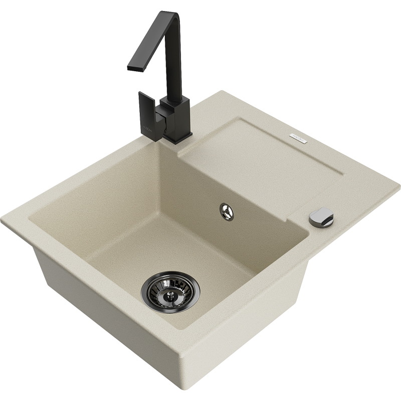 Mexen Enzo 1-bowl granite sink with drainer and kitchen faucet Rita, beige - 6506-69-670300-70
