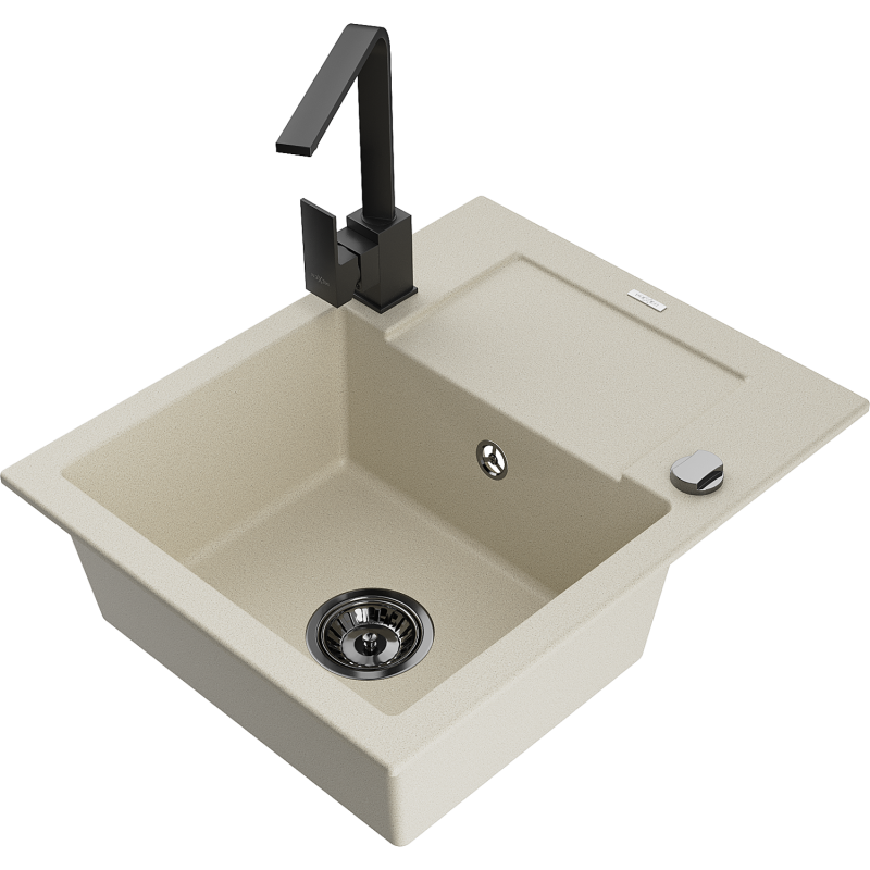 Mexen Enzo 1-bowl Granite Sink with Drainer and Rita Kitchen Tap, Beige - 6506-69-670300-70