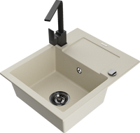 Mexen Enzo 1-compartment granite sink with a drip tray and kitchen mixer tap Rita, Beige - 6506-69-670300-70