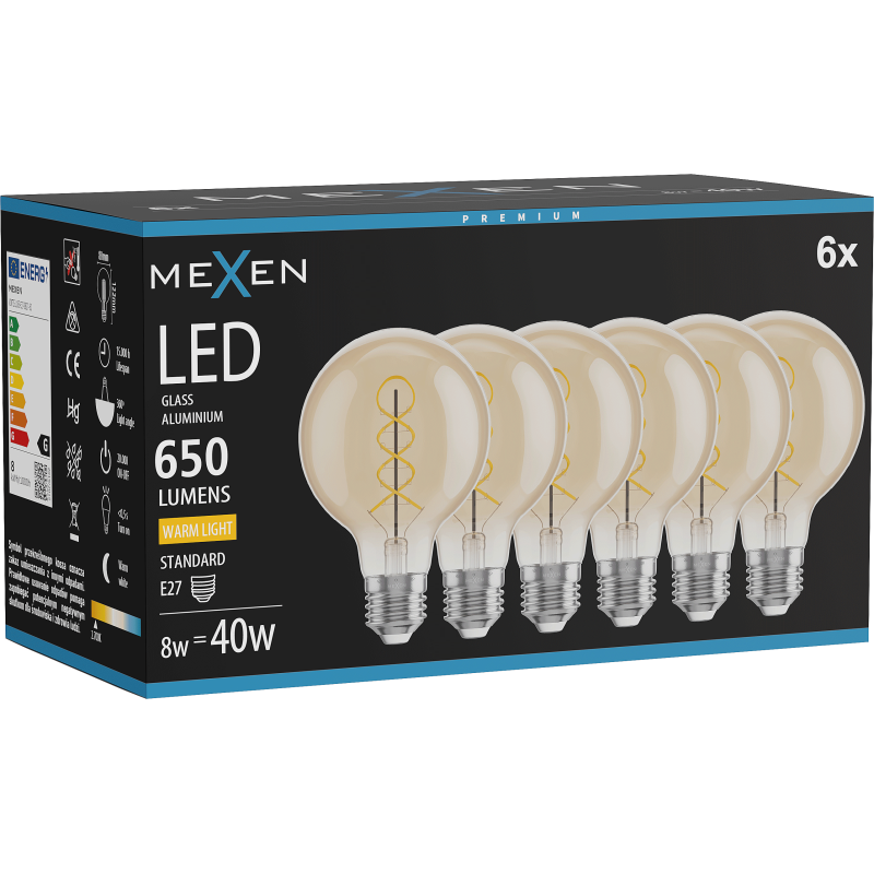 Mexen Vintis 6x LED Filament Spiral Bulb E27, G80, 8W, Warm - 2700K, 650 lm, amber - L165-E27-0827-50x06