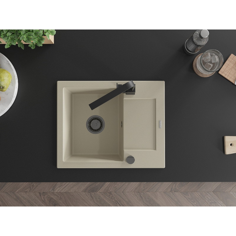 Mexen Enzo 1-bowl granite sink with drainer and kitchen faucet Rita, beige - 6506-69-670300-70