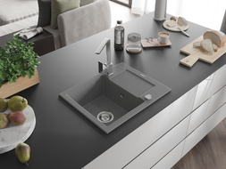 Mexen Enzo granite sink 1-bowl with drainer and kitchen faucet Rita, gray - 6506-71-670300-00