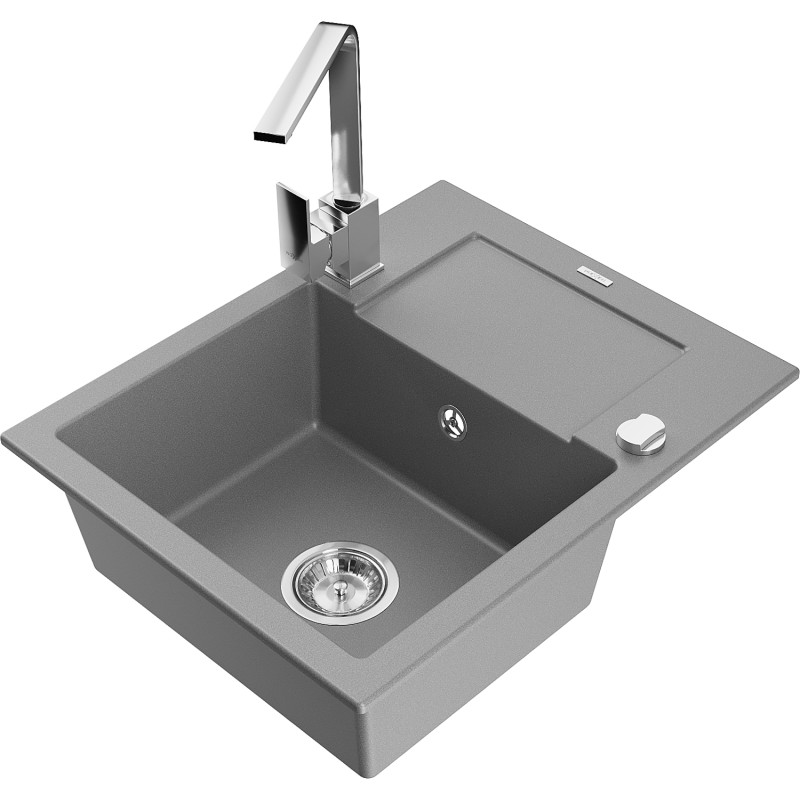 Mexen Enzo 1-bowl granite sink with drainer and kitchen faucet Rita, gray - 6506-71-670300-00
