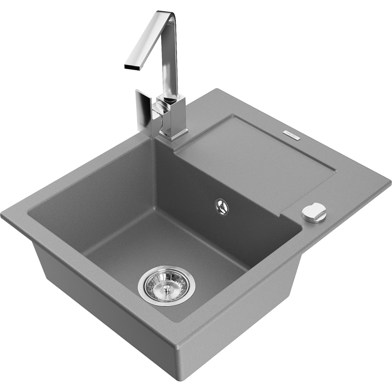 Mexen Enzo 1-bowl granite sink with drainer and Rita kitchen tap, grey - 6506-71-670300-00