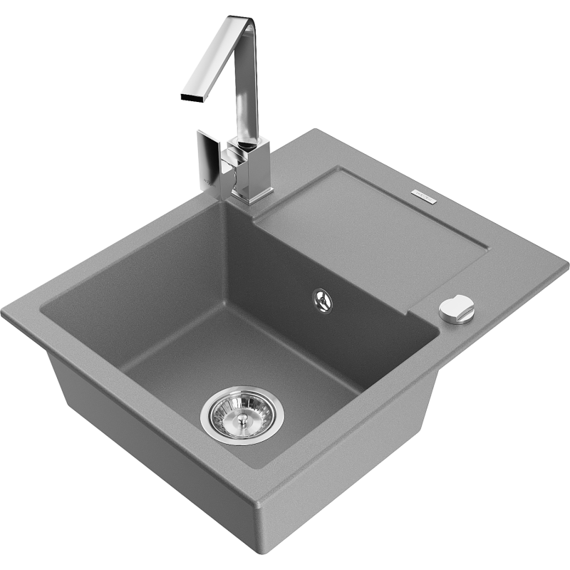 Mexen Enzo 1-compartment granite sink with a drip tray and kitchen mixer tap Rita, Grey - 6506-71-670300-00