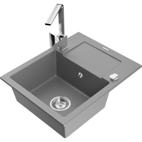 Mexen Enzo 1-bowl granite sink with drainer and Rita kitchen tap, grey - 6506-71-670300-00