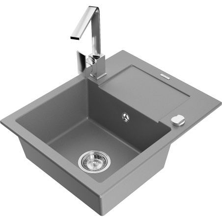 Mexen Enzo 1-compartment granite sink with a drip tray and kitchen mixer tap Rita, Grey - 6506-71-670300-00