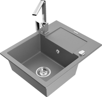 Mexen Enzo 1-bowl granite sink with drainer and Rita kitchen tap, grey - 6506-71-670300-00