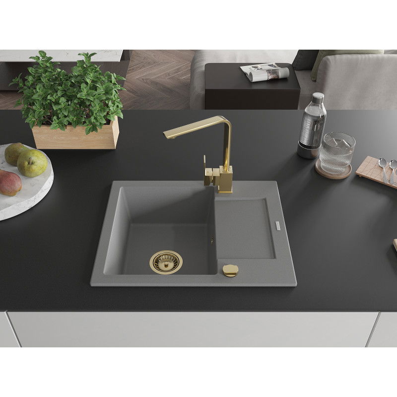 Mexen Enzo granite sink with 1 bowl, drainer, and Rita kitchen tap, grey - 6506-71-670300-50