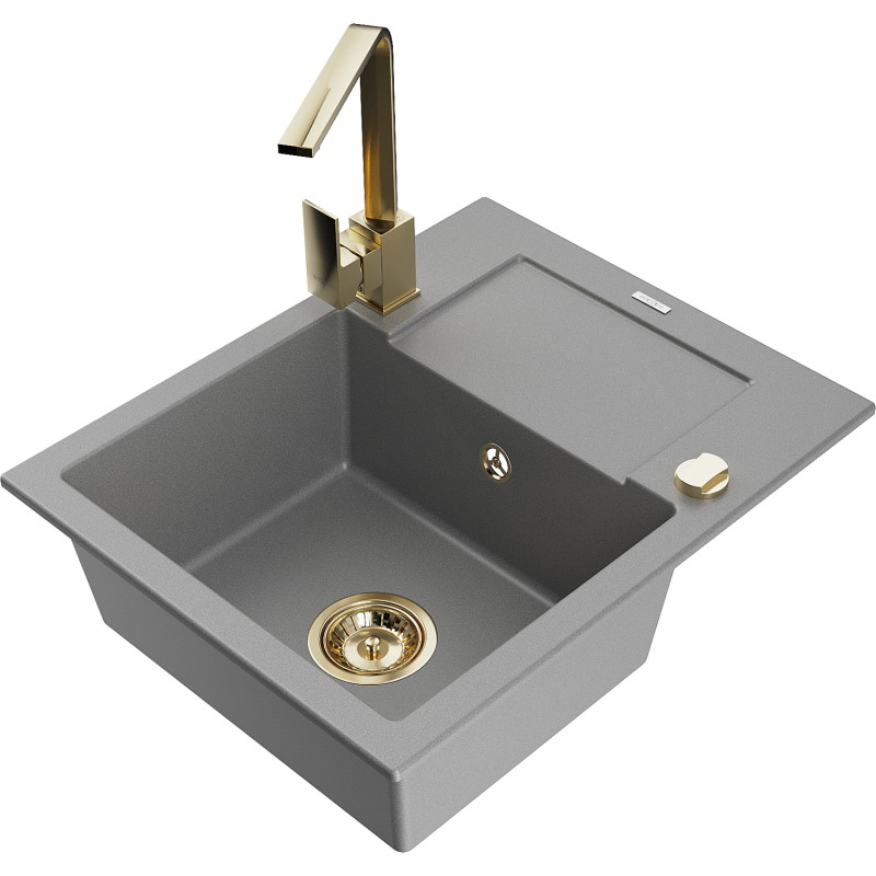Mexen Enzo 1-bowl granite sink with drainer and kitchen faucet Rita, gray - 6506-71-670300-50