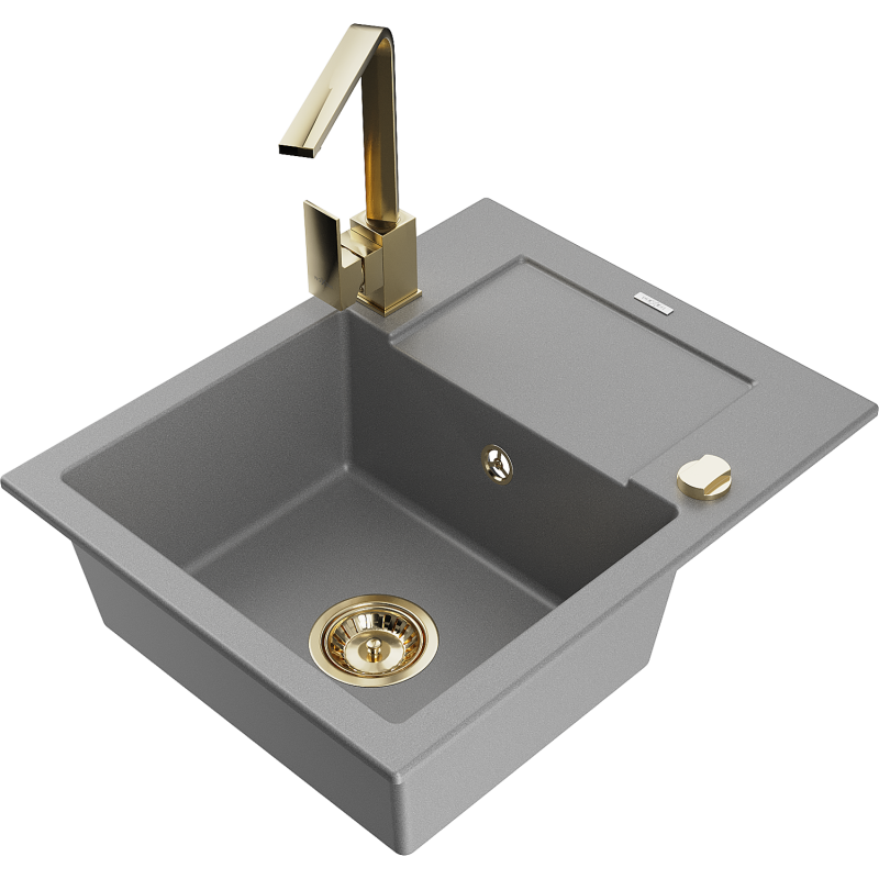 Mexen Enzo granite sink with 1 bowl, drainer, and Rita kitchen tap, grey - 6506-71-670300-50