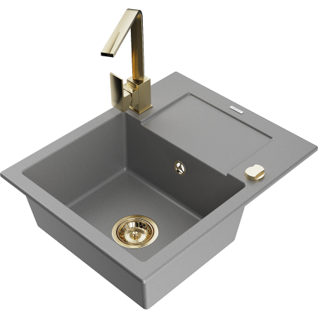 Mexen Enzo 1-compartment granite sink with a drip tray and kitchen mixer tap Rita, Grey - 6506-71-670300-50