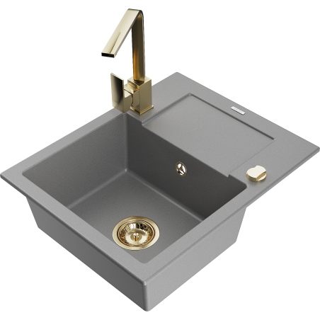Mexen Enzo granite sink with 1 bowl, drainer, and Rita kitchen tap, grey - 6506-71-670300-50