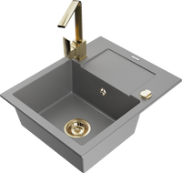 Mexen Enzo 1-compartment granite sink with a drip tray and kitchen mixer tap Rita, Grey - 6506-71-670300-50