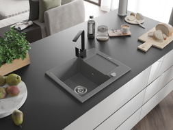 Mexen Enzo single-bowl granite sink with drainer and kitchen faucet Rita, gray - 6506-71-670300-70