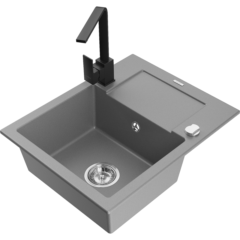 Mexen Enzo Granite Sink 1-Bowl with Drainer and Rita Kitchen Tap, Grey - 6506-71-670300-70