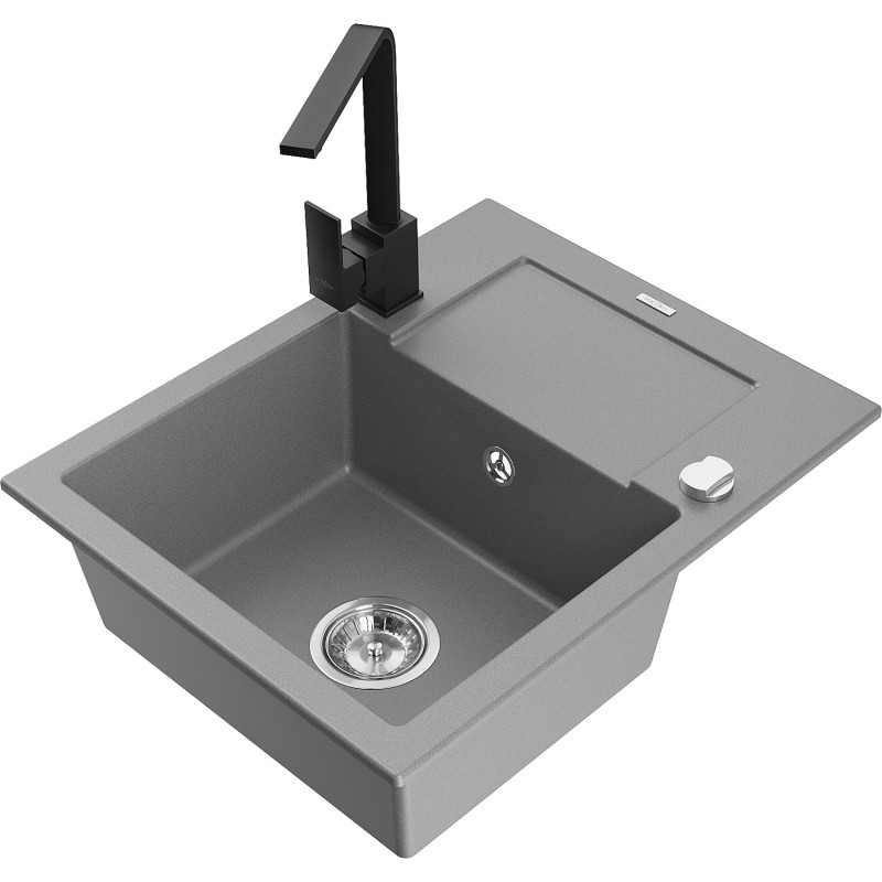 Mexen Enzo single-bowl granite sink with drainer and kitchen faucet Rita, gray - 6506-71-670300-70
