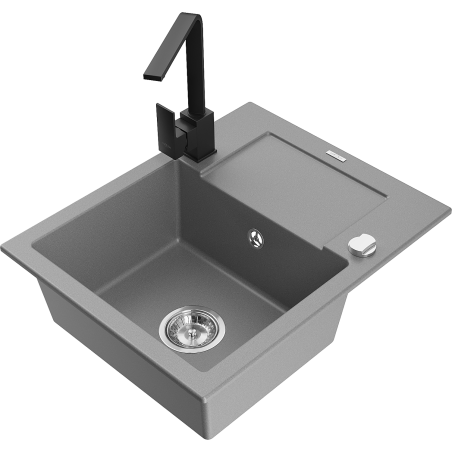 Mexen Enzo 1-compartment granite sink with a drip tray and kitchen mixer tap Rita, Grey - 6506-71-670300-70