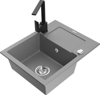 Mexen Enzo 1-compartment granite sink with a drip tray and kitchen mixer tap Rita, Grey - 6506-71-670300-70