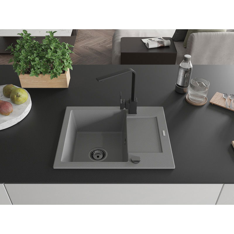 Mexen Enzo granite sink 1-bowl with drainer and Rita kitchen tap, grey - 6506-71-670300-70-B