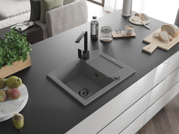 Mexen Enzo granite kitchen sink 1-bowl with drainer and kitchen faucet Rita, gray - 6506-71-670300-70-B