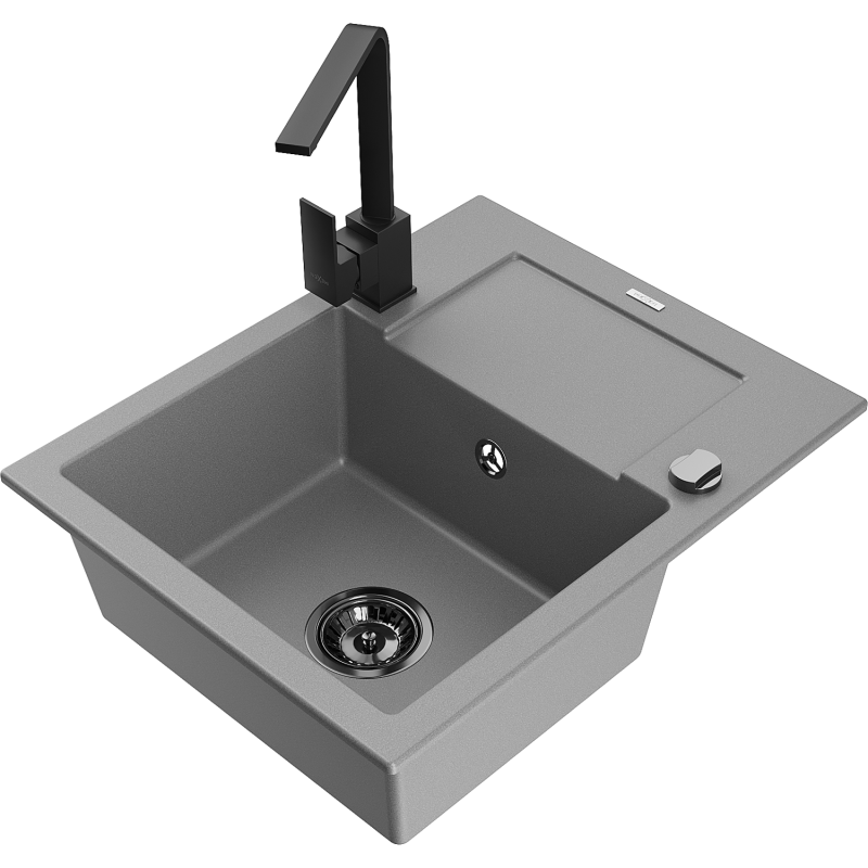 Mexen Enzo 1-compartment granite sink with a drip tray and kitchen mixer tap Rita, Grey - 6506-71-670300-70-B