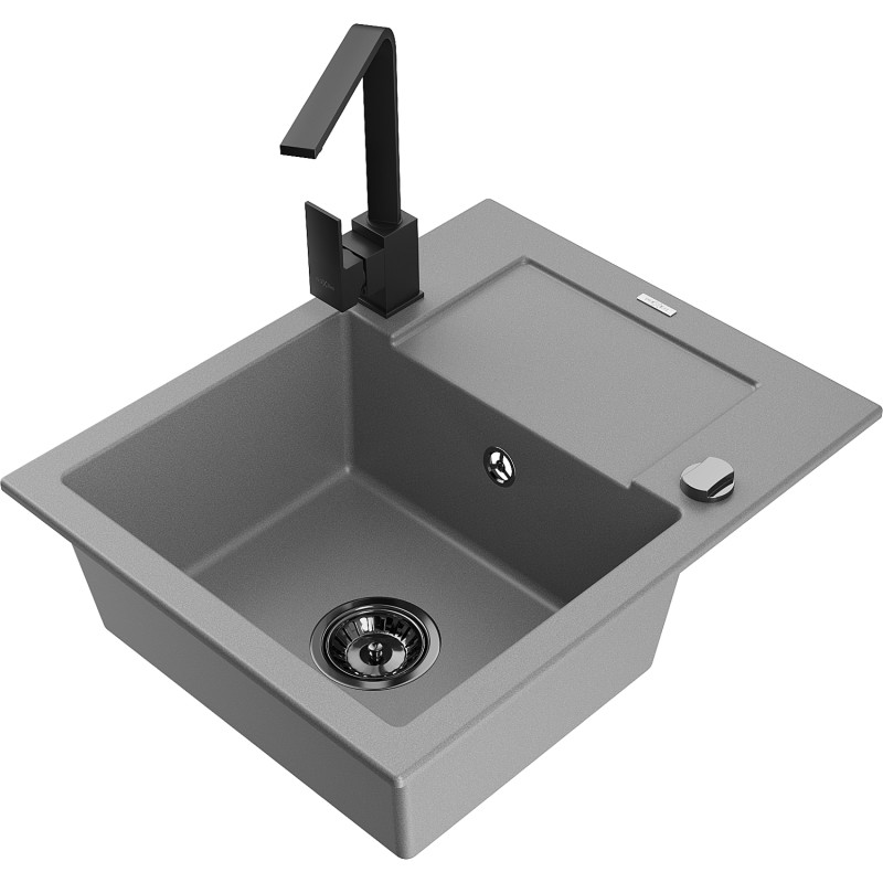 Mexen Enzo single-bowl granite sink with drainer and Rita kitchen faucet, gray - 6506-71-670300-70-B