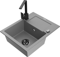 Mexen Enzo 1-compartment granite sink with a drip tray and kitchen mixer tap Rita, Grey - 6506-71-670300-70-B