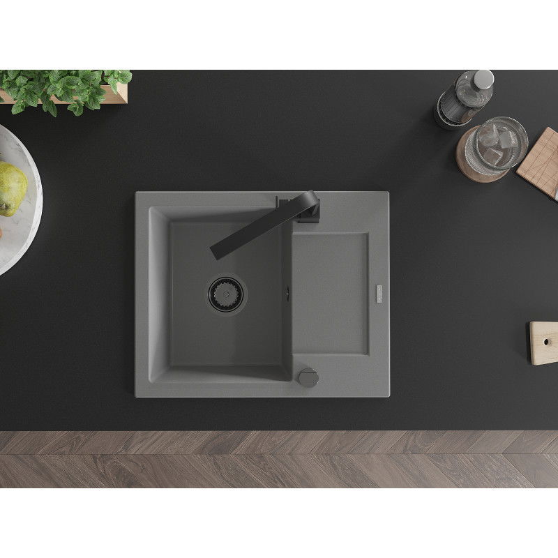 Mexen Enzo granite sink 1-bowl with drainer and Rita kitchen tap, grey - 6506-71-670300-70-B