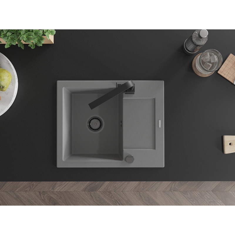 Mexen Enzo single-bowl granite sink with drainer and Rita kitchen faucet, gray - 6506-71-670300-70-B