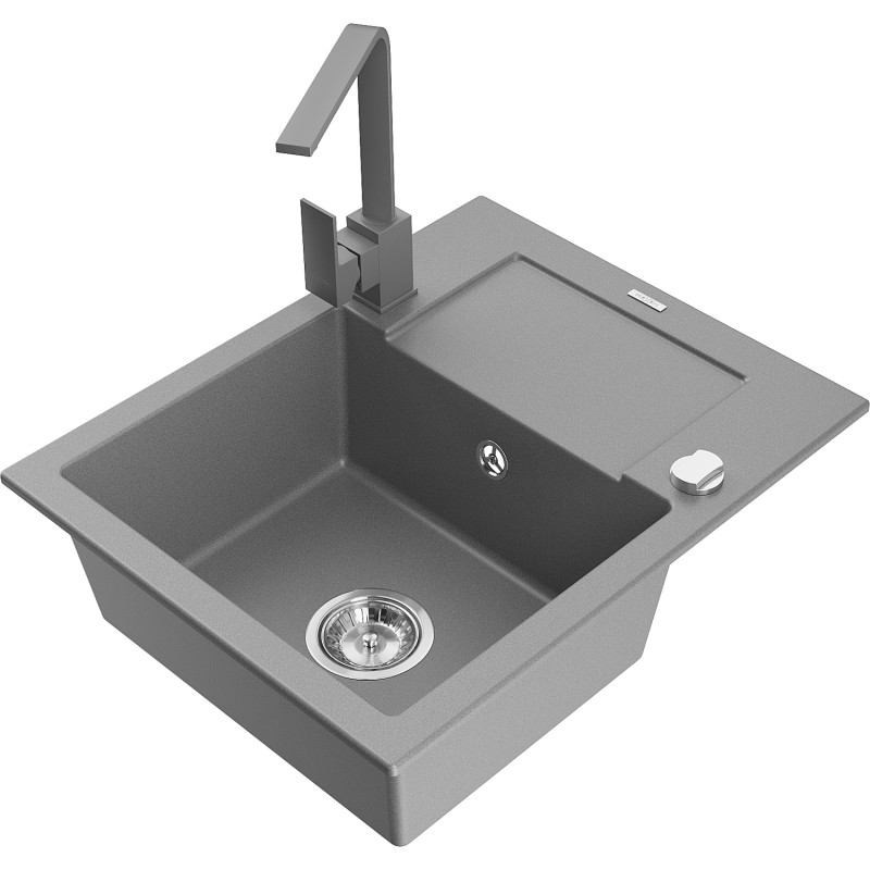 Mexen Enzo granite single-bowl sink with drainer and Rita kitchen faucet, gray - 6506-71-670300-71