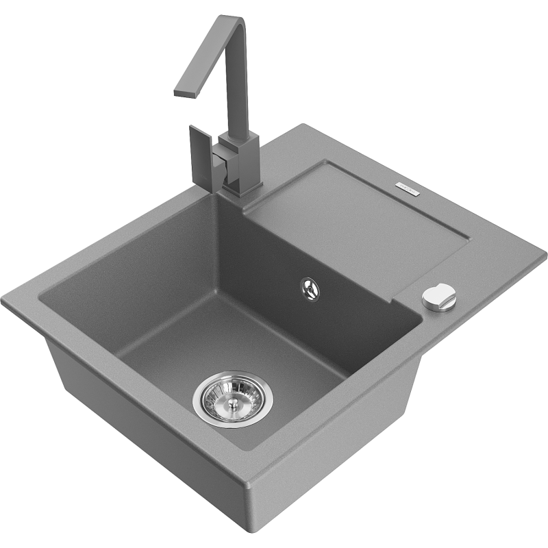 Mexen Enzo granite sink 1-bowl with drainer and Rita kitchen tap, grey - 6506-71-670300-71