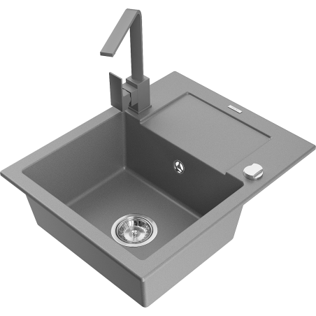 Mexen Enzo 1-compartment granite sink with a drip tray and kitchen mixer tap Rita, Grey - 6506-71-670300-71