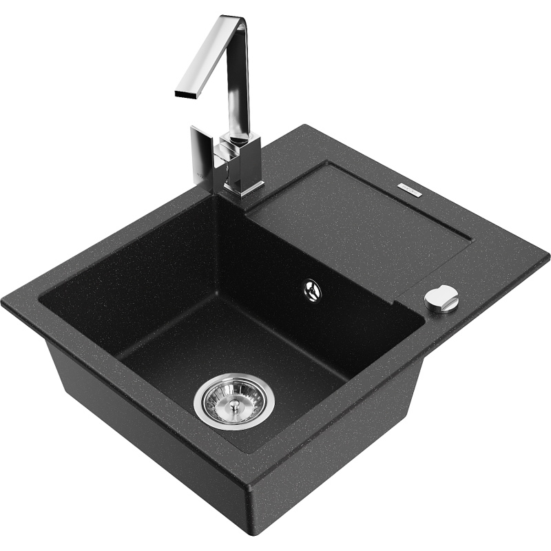 Mexen Enzo 1-compartment granite sink with a drip tray and kitchen mixer tap Rita, Black/Silver metallic - 6506-73-670300-00
