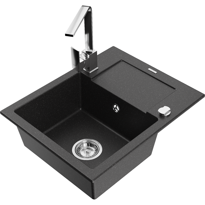 Mexen Enzo granite sink 1-bowl with drainer and Rita kitchen tap, black/silver metallic - 6506-73-670300-00