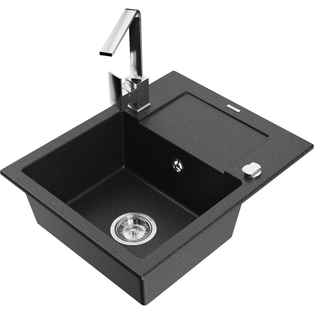 Mexen Enzo 1-bowl granite sink with drainer and kitchen faucet Rita, black/silver metallic - 6506-73-670300-00