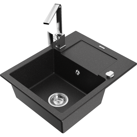 Mexen Enzo granite sink 1-bowl with drainer and Rita kitchen tap, black/silver metallic - 6506-73-670300-00