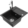 Mexen Enzo 1-bowl granite sink with drainer and kitchen faucet Rita, black/silver metallic - 6506-73-670300-00