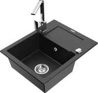Mexen Enzo 1-Bowl Granite Sink with Drainer and Kitchen Faucet Rita, Black/Silver Metallic - 6506-73-670300-00