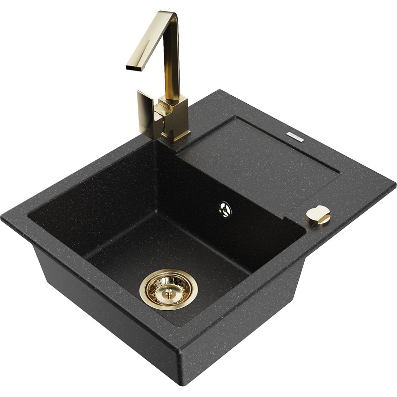 Mexen Enzo 1-chamber granite sink with drainer and kitchen faucet Rita, black/silver metallic - 6506-73-670300-50