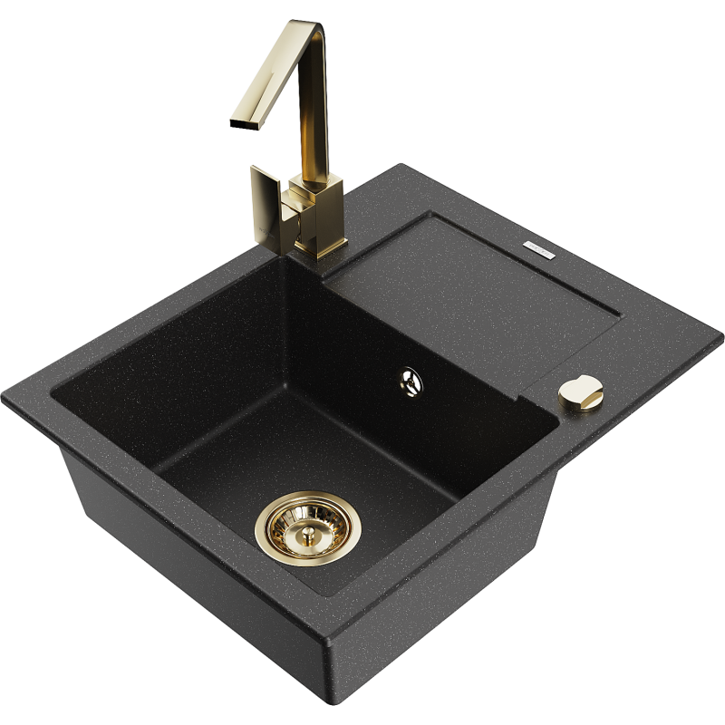 Mexen Enzo 1-compartment granite sink with a drip tray and kitchen mixer tap Rita, Black/Silver metallic - 6506-73-670300-50