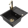 Mexen Enzo 1-chamber granite sink with drainer and kitchen faucet Rita, black/silver metallic - 6506-73-670300-50