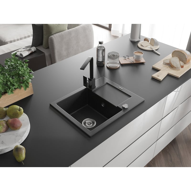 Mexen Enzo 1-bowl granite sink with drainer and Rita kitchen faucet, black/silver metallic - 6506-73-670300-70
