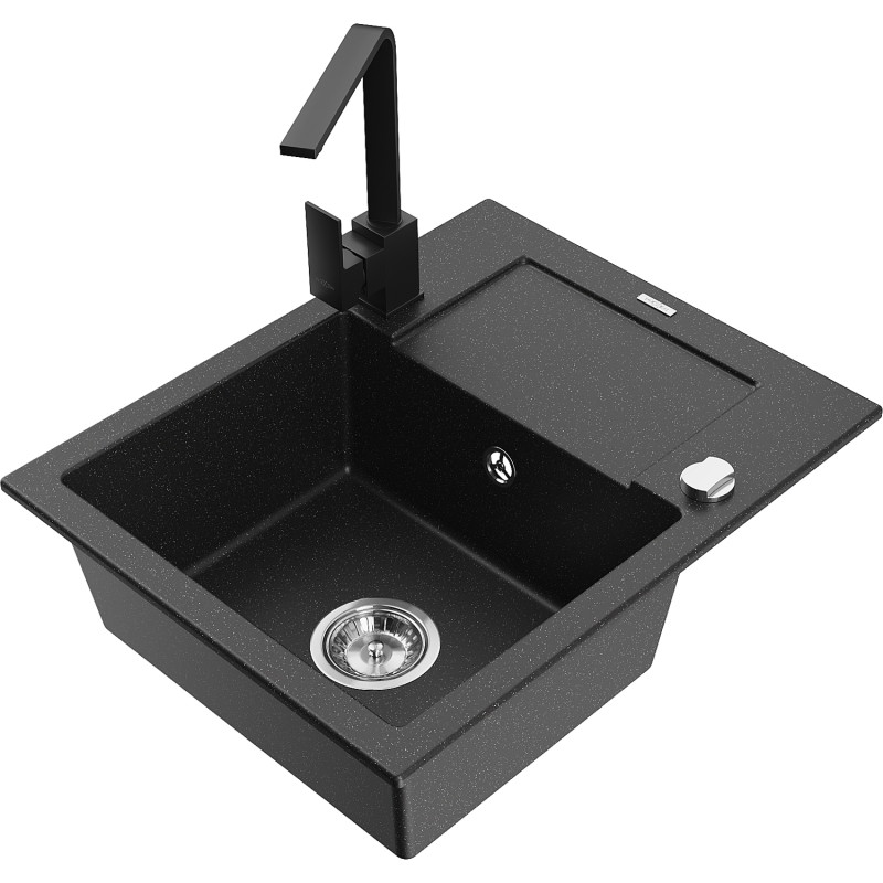 Mexen Enzo granit kitchen sink with 1 bowl, drainer and kitchen faucet Rita, black/silver metallic - 6506-73-670300-70