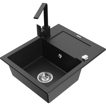 Mexen Enzo 1-bowl granite sink with drainer and Rita kitchen faucet, black/silver metallic - 6506-73-670300-70