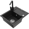 Mexen Enzo 1-bowl granite sink with drainer and Rita kitchen faucet, black/silver metallic - 6506-73-670300-70