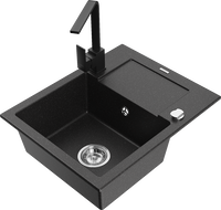 Mexen Enzo 1-compartment granite sink with a drip tray and kitchen mixer tap Rita, Black/Silver metallic - 6506-73-670300-70