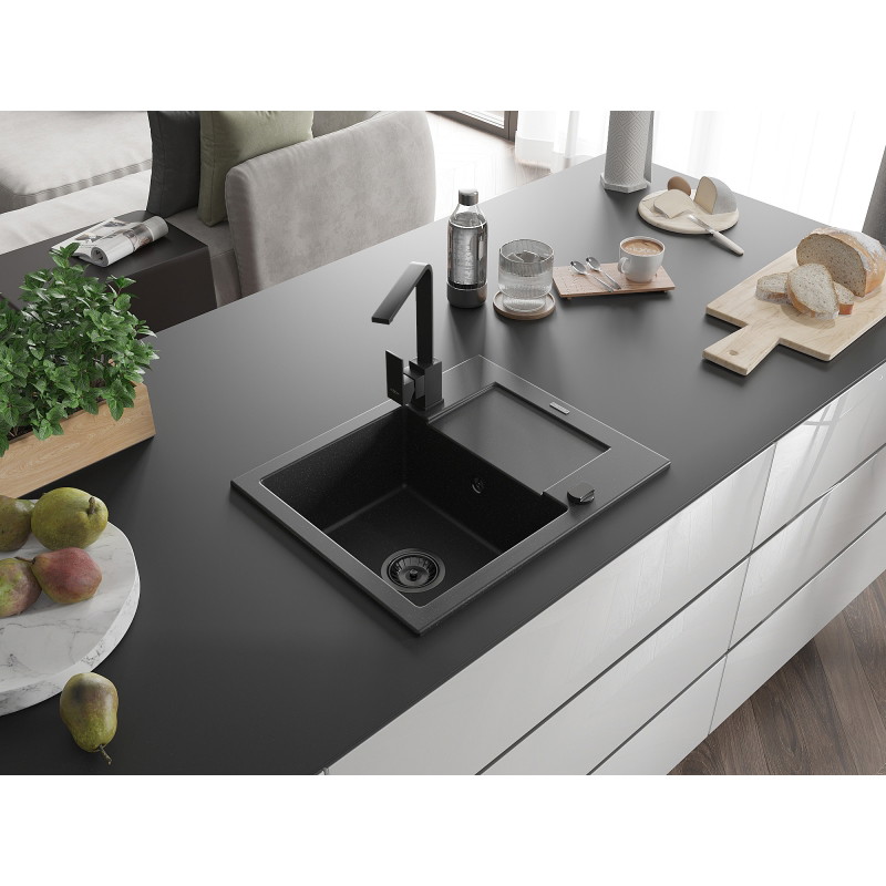 Mexen Enzo 1-bowl granite sink with drainer and kitchen faucet Rita, black/silver metallic - 6506-73-670300-70-B
