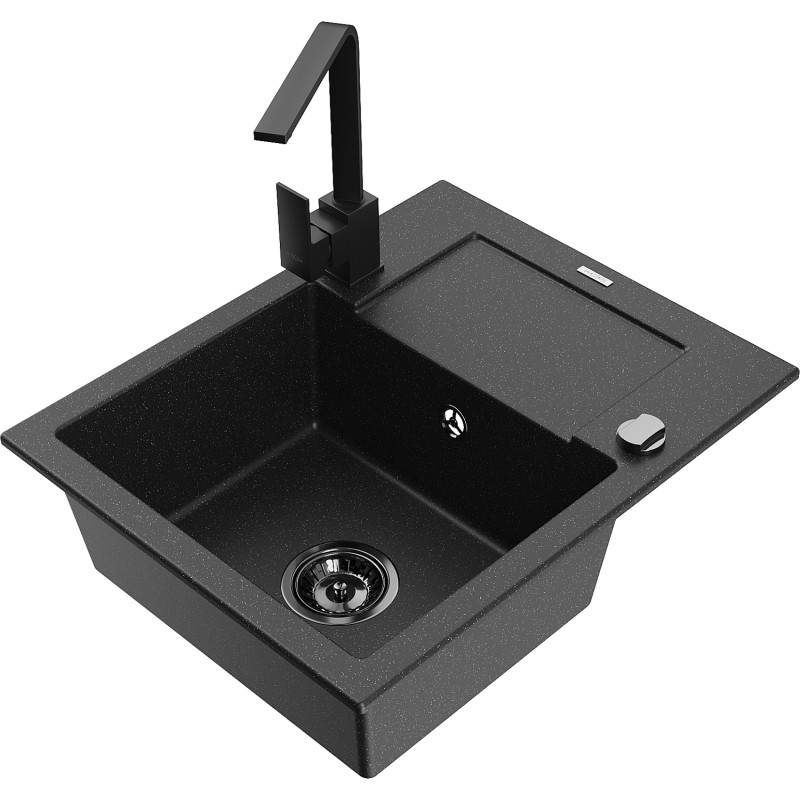 Mexen Enzo 1-bowl granite sink with drainer and kitchen faucet Rita, black/silver metallic - 6506-73-670300-70-B